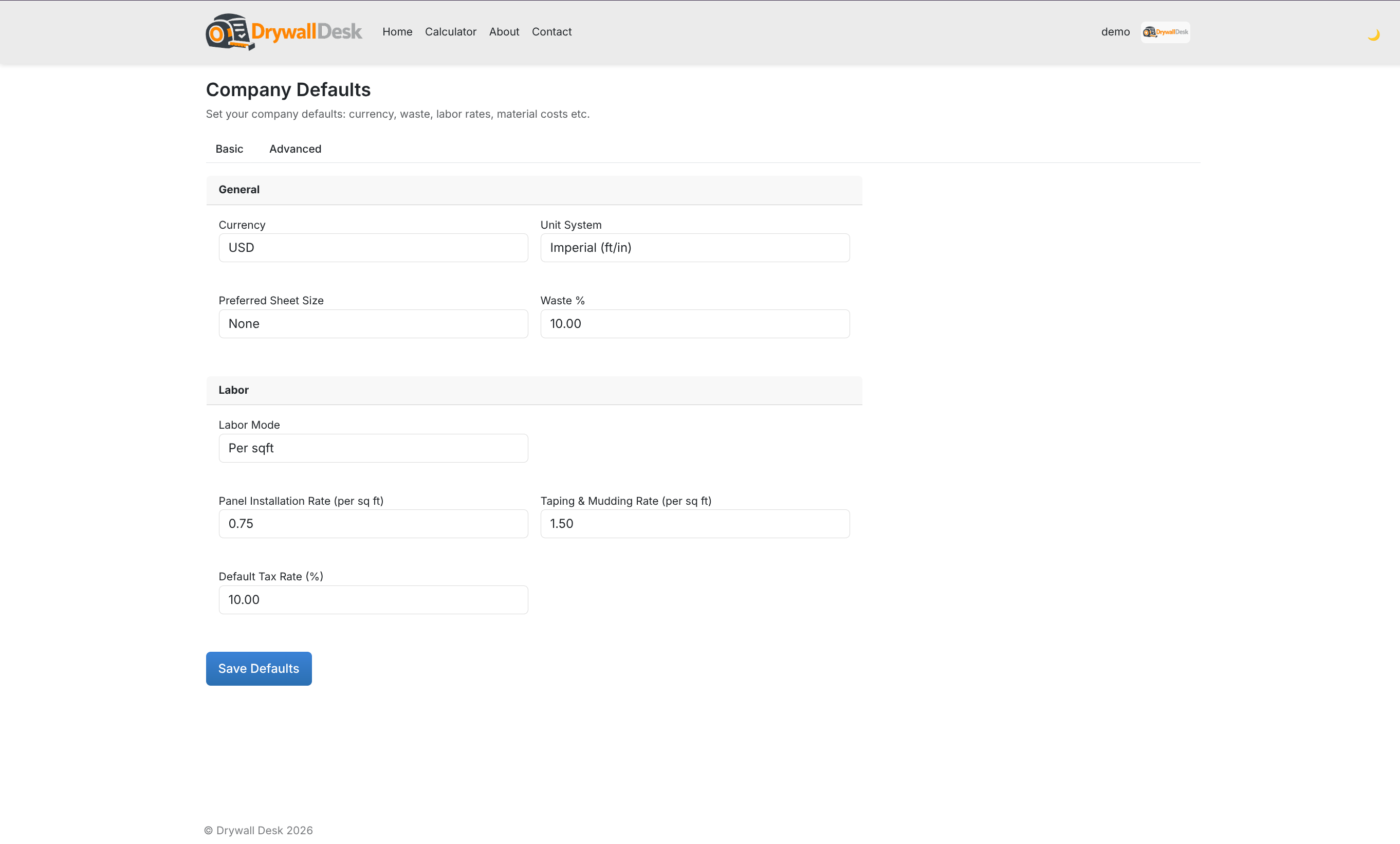 Company defaults settings for labor, costs, and rates