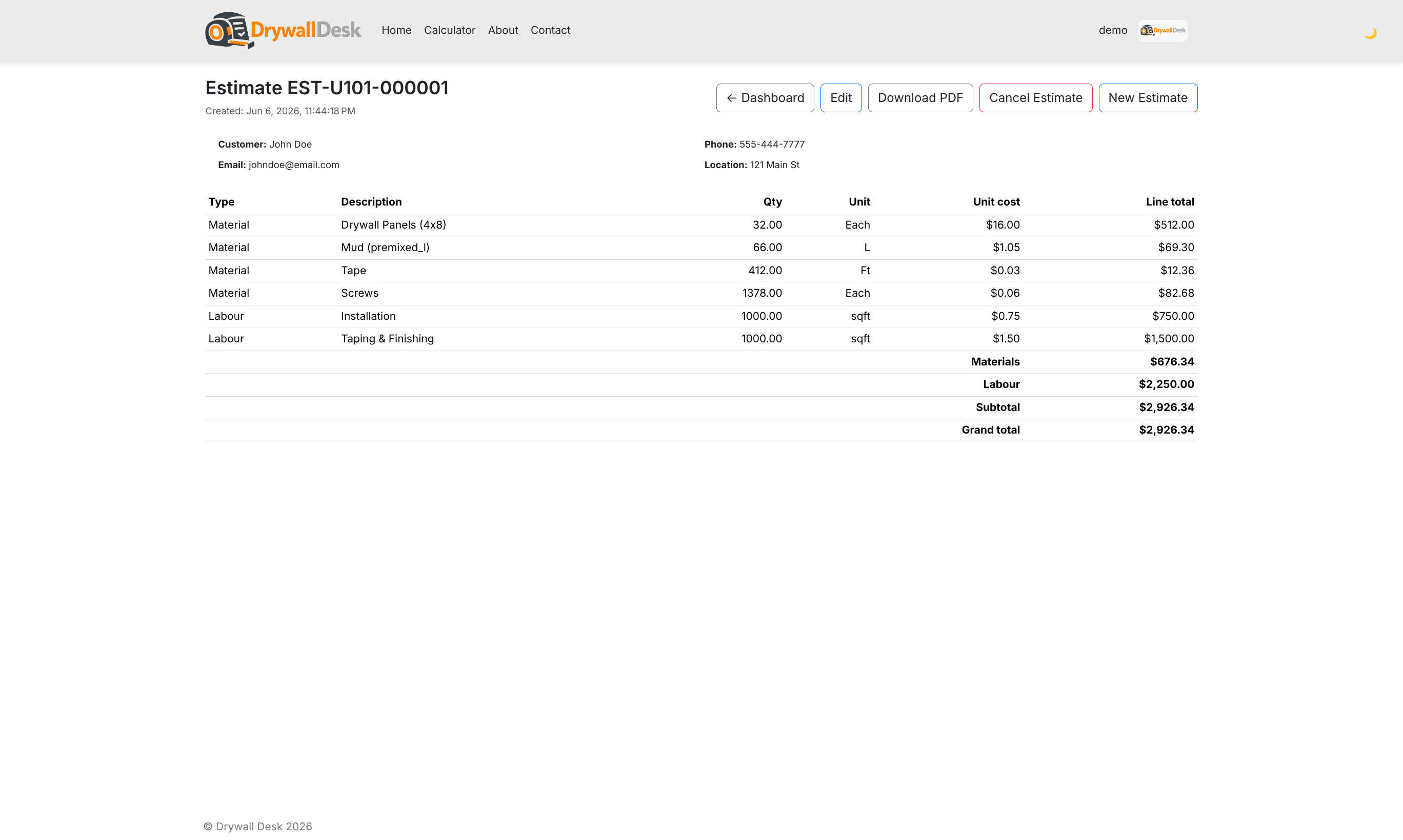 Live estimate preview with materials and labor totals