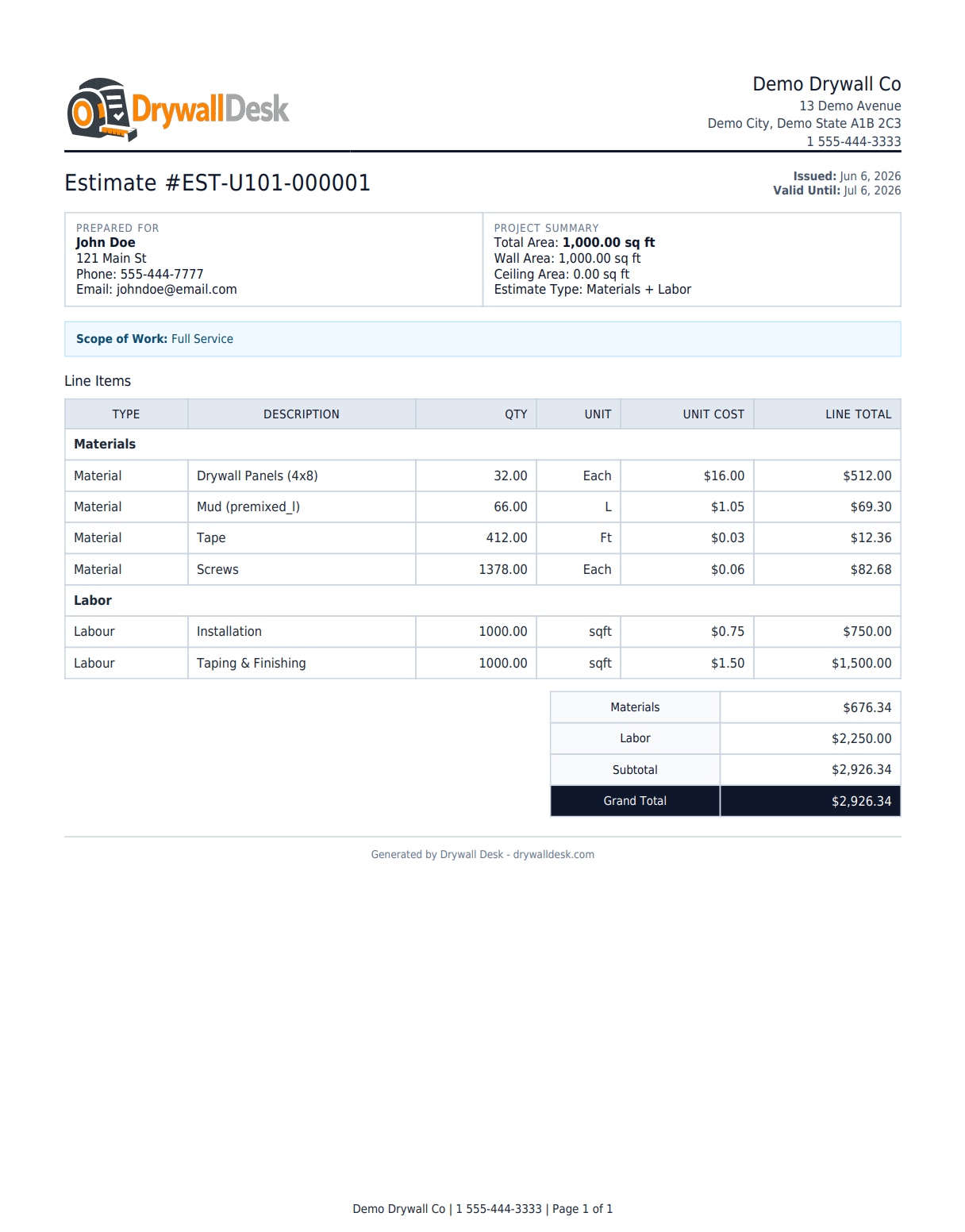 Branded full service estimate PDF output