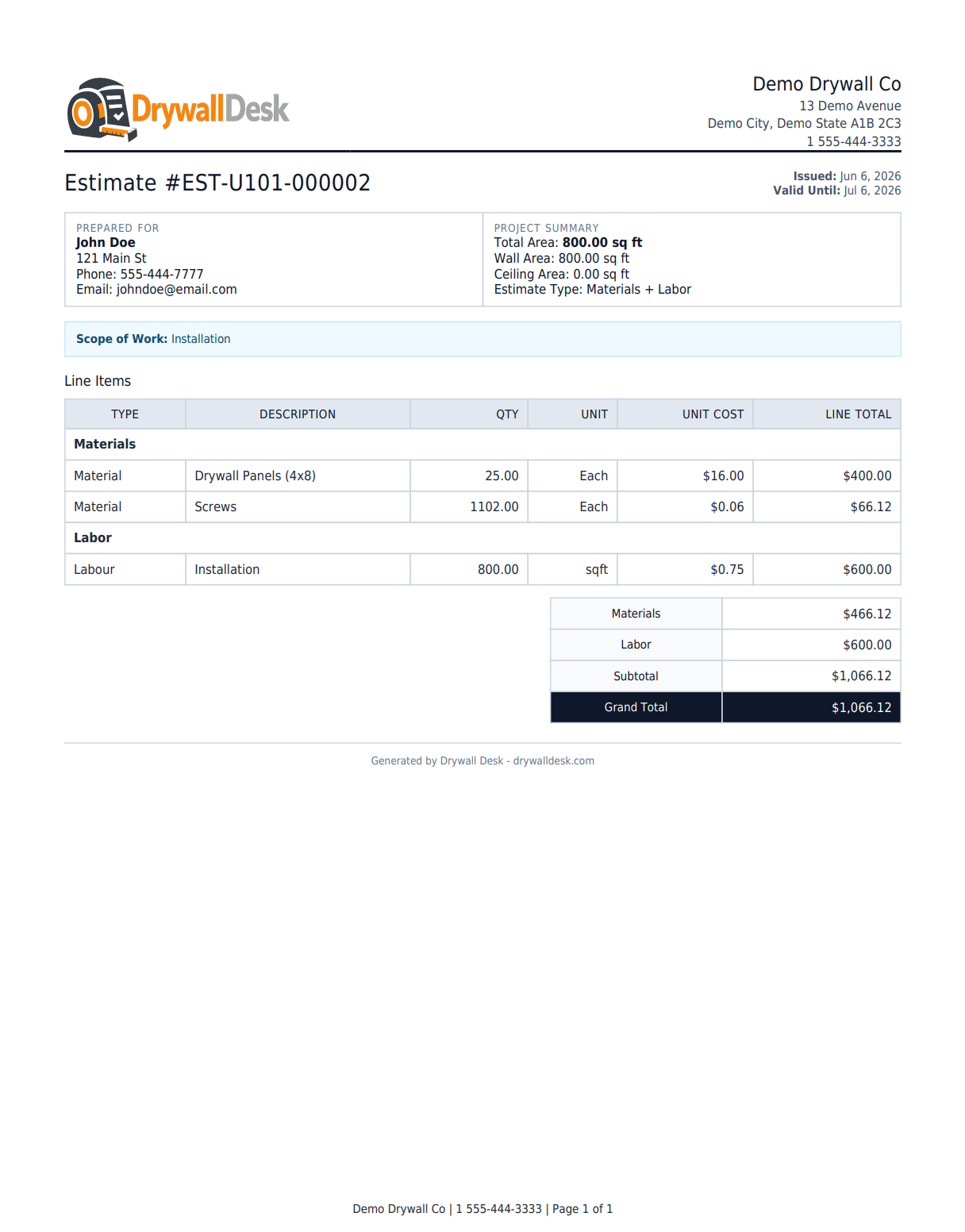 Installation-only estimate PDF example