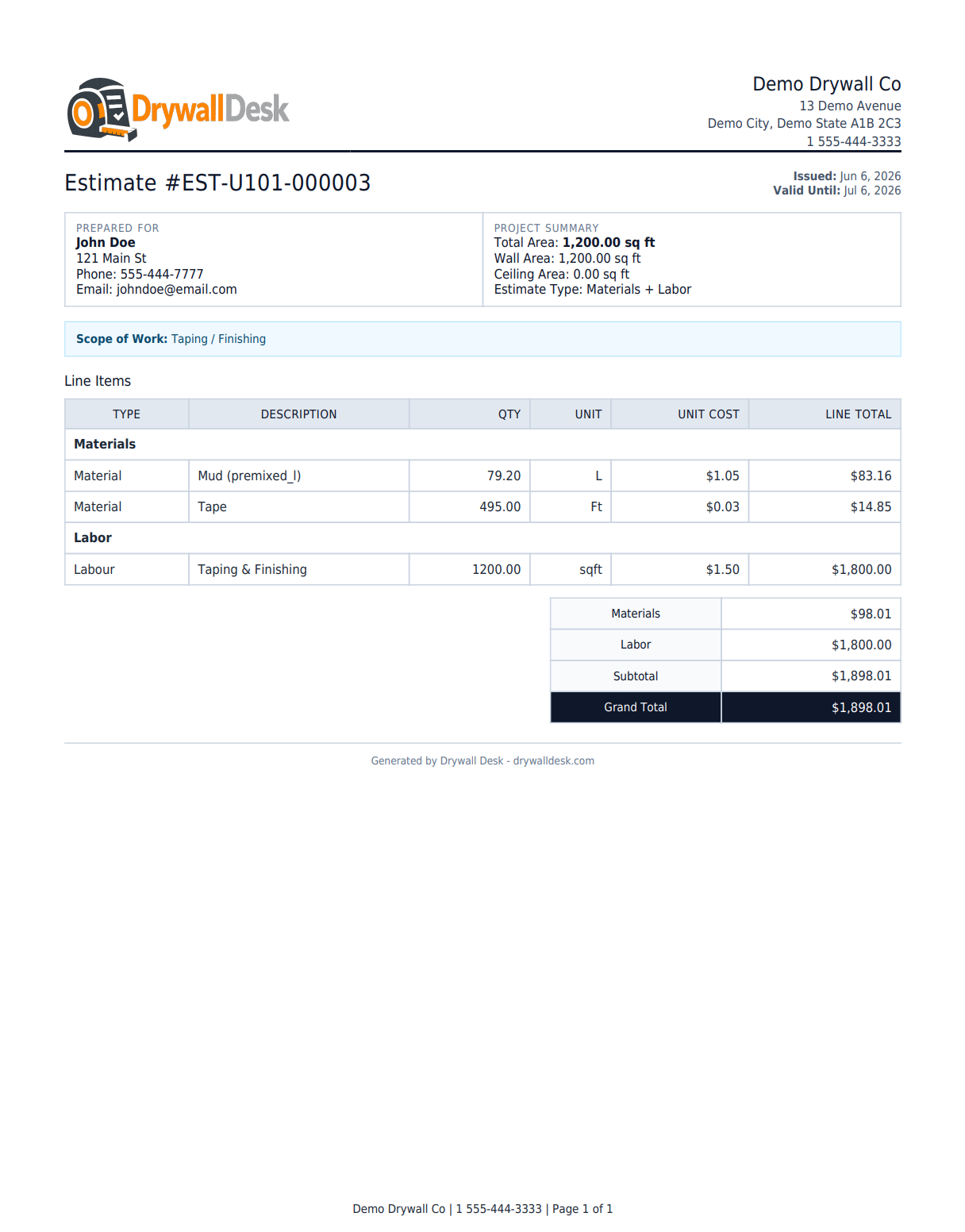 Taping and finishing estimate PDF example